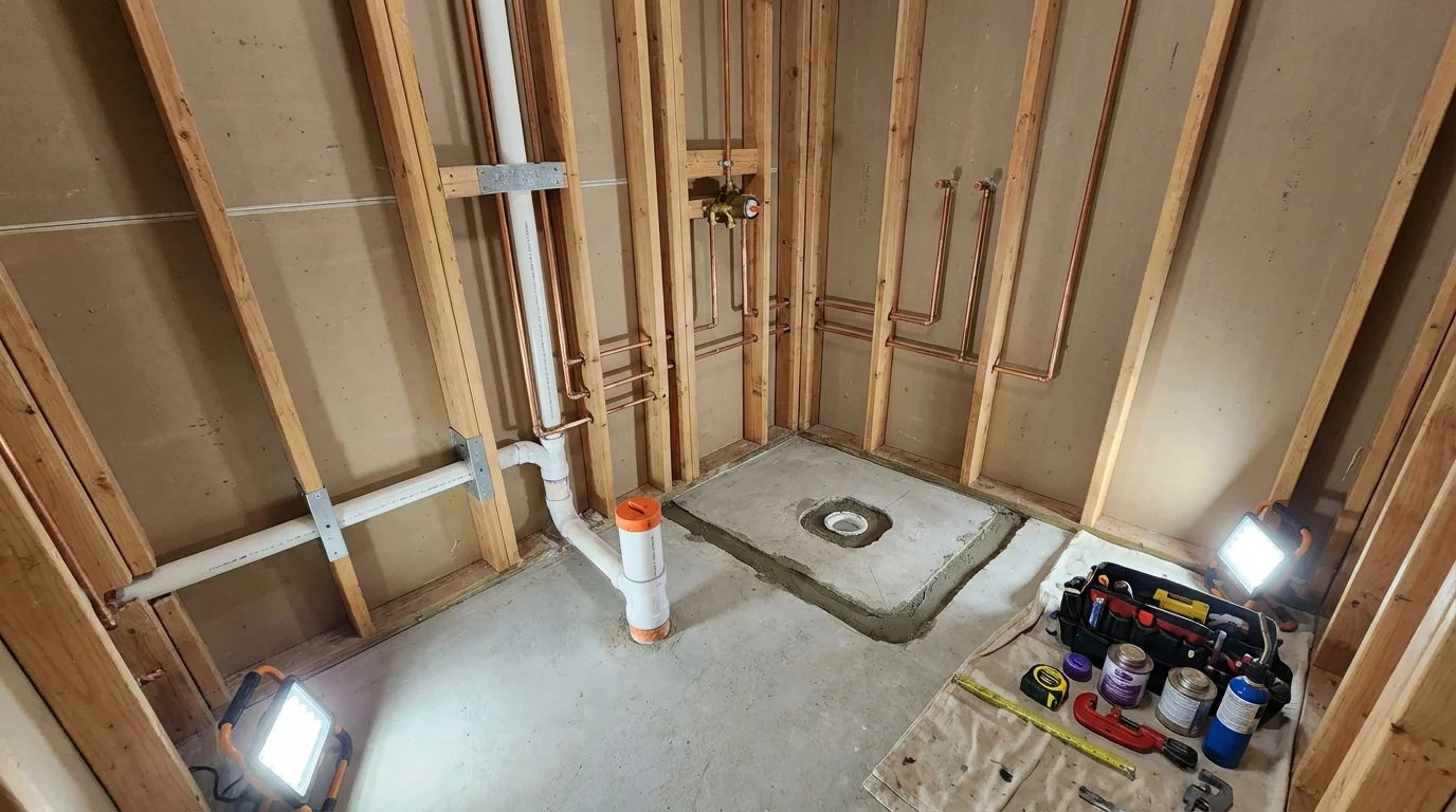 Bathroom rough-in plumbing during remodel by Johns Plumbing LLC in Elizabethtown