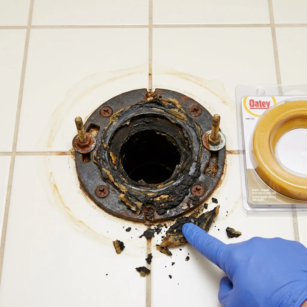 Failed wax ring showing water seepage at the base of a toilet in a Elizabethtown, IL home