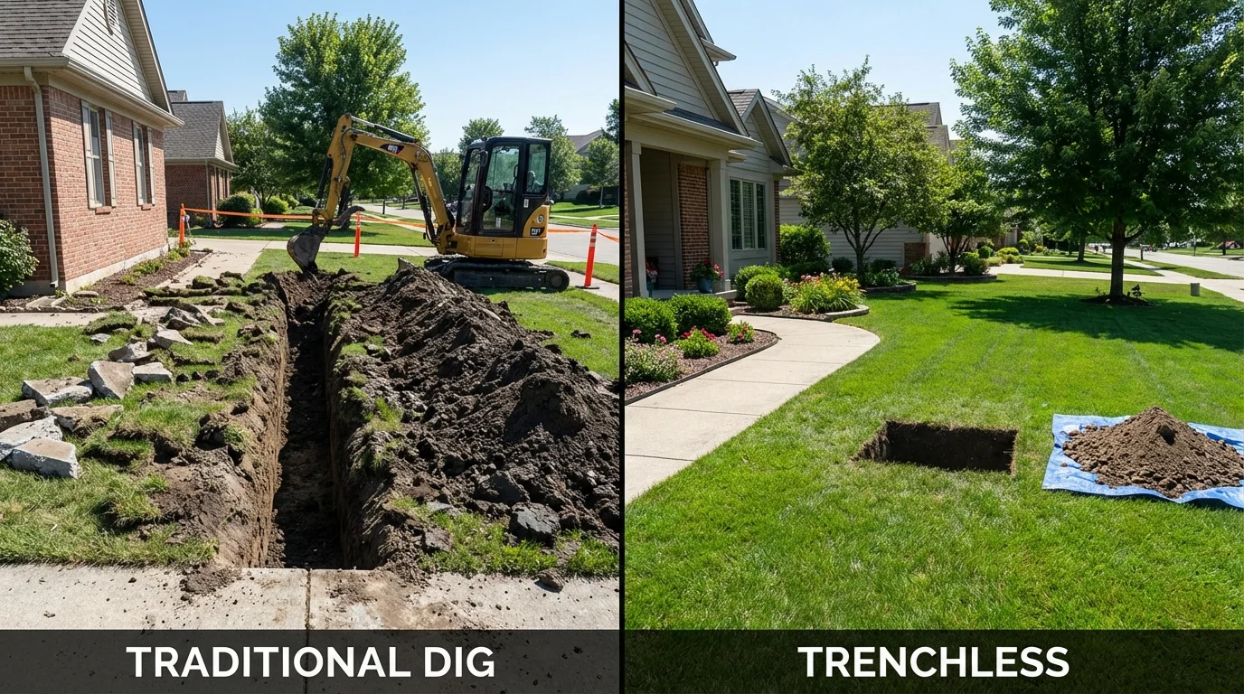 Trenchless sewer repair with minimal yard damage versus traditional excavation in Elizabethtown, IL