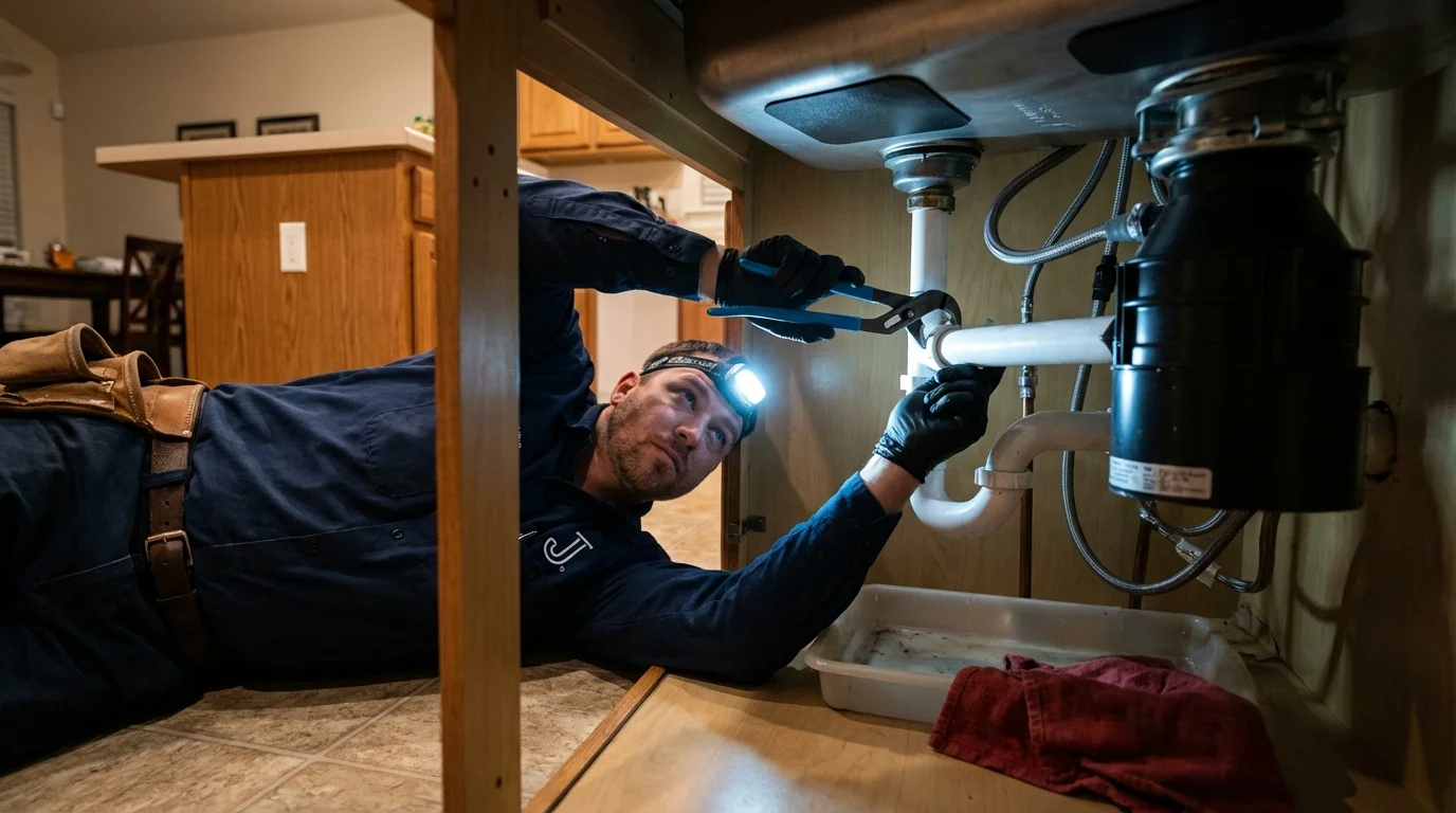 P-trap and supply line connections under a kitchen sink showing a common leak point in Elizabethtown, IL